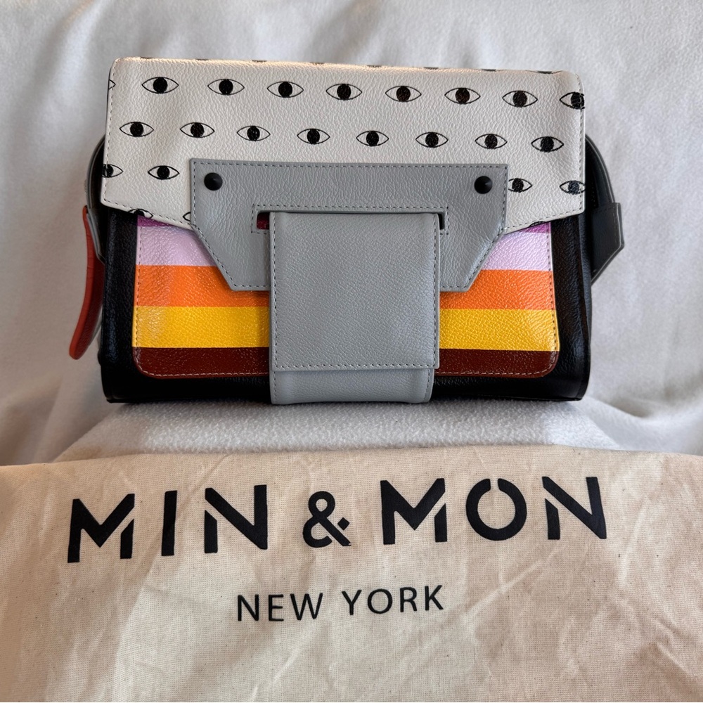 Min & Mon Cael reversible black and grey shoulder bag, groovy rainbow design